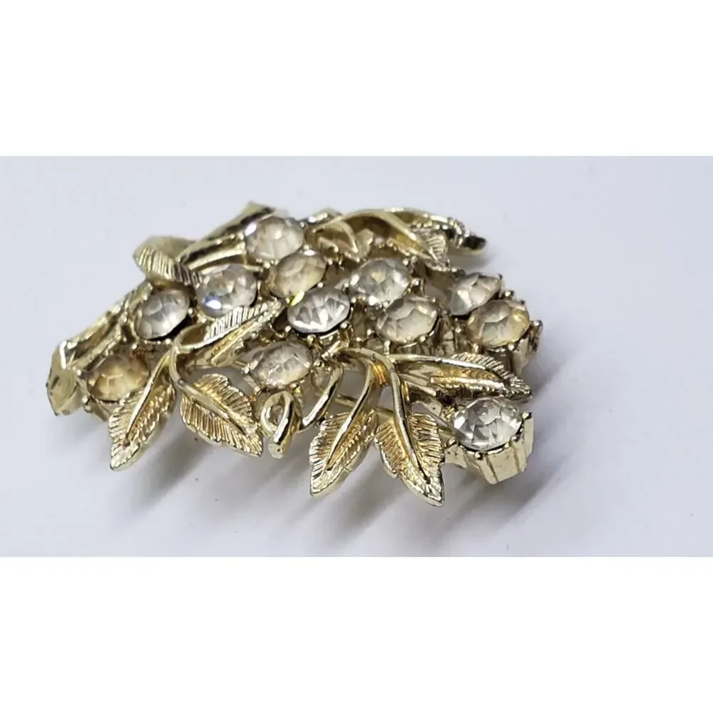 Vintage Brooch Figural Leaf Clear Rhinestone Gold Tone